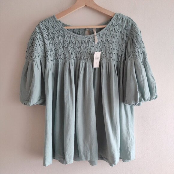 Anthropologie Tops - Anthropologie Liza Smocked Puff Sleeve Top L NEW Soft Green Relaxed Linen Blouse
